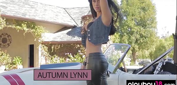  Autumn Lynn stripping nude by a vintage sports car